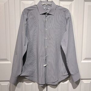 DKNY Men’s Blue and White Striped Long Sleeve Button Down Shirt Size 16.5‎